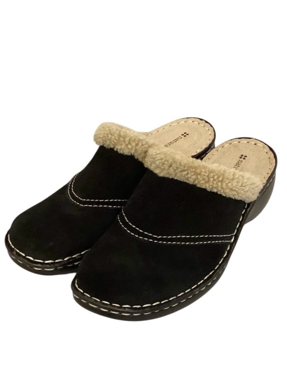 Naturalizer 9 Strayman Suede Leather Women's Clogs Shearling Faux Fur Black